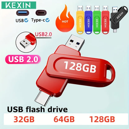 2-in-1 USB-C & USB-A Flash Drive 32GB 64GB 128GB, KEXIN Rotating Thumb Drive Type-C Memory Stick Compatible with iPhone 15 16, Android Smartphone, Tablet, Smart TV, Car Audio, Laptop & PC – 5 Colors
