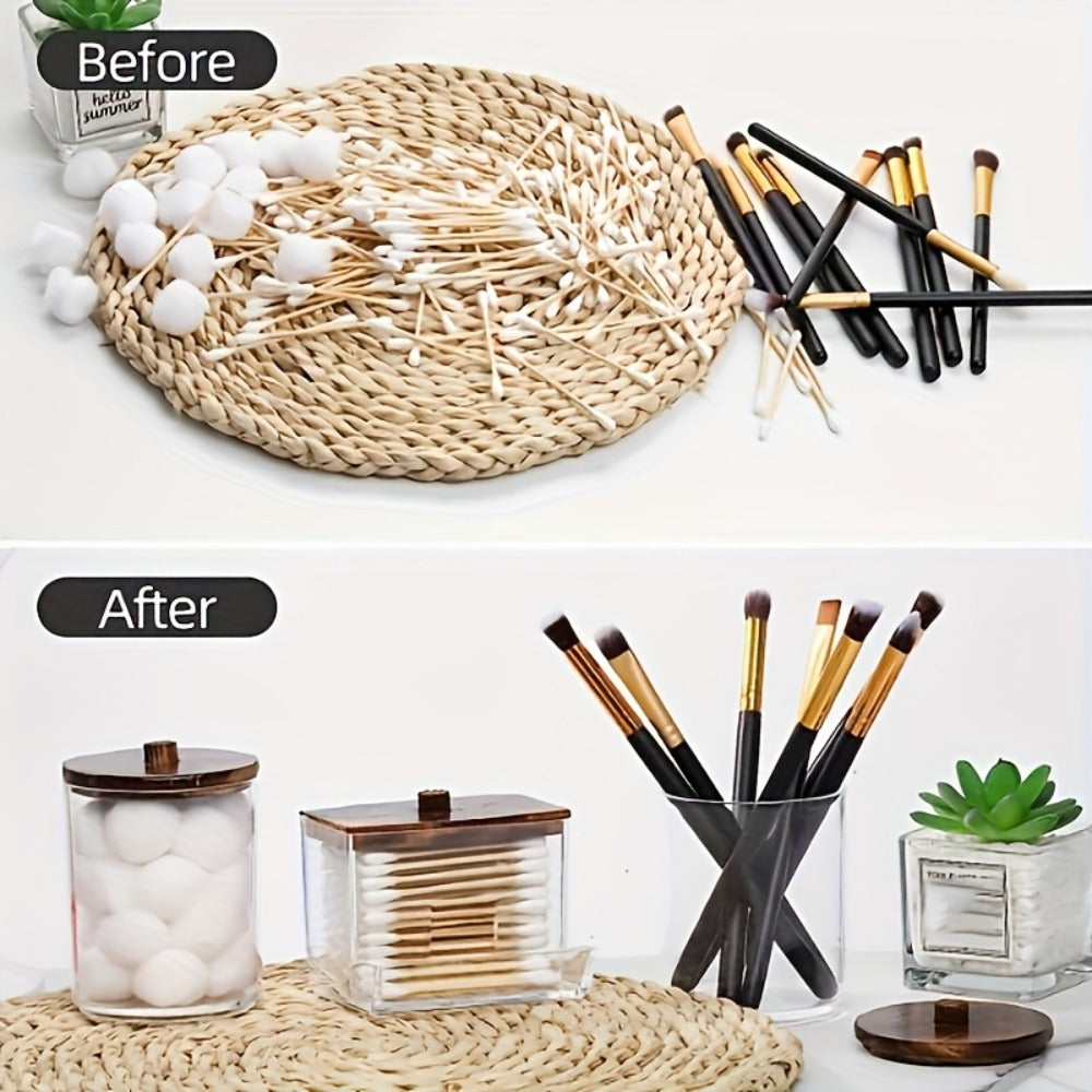Glass Jars with Bamboo Lids 6 Piece Set – Sealed Dustproof Clear Glass Storage Containers for Bathroom Vanity, Cotton Swabs, Cosmetics, Spices & Kitchen – Airtight Eco-Friendly Organizer Gift Set