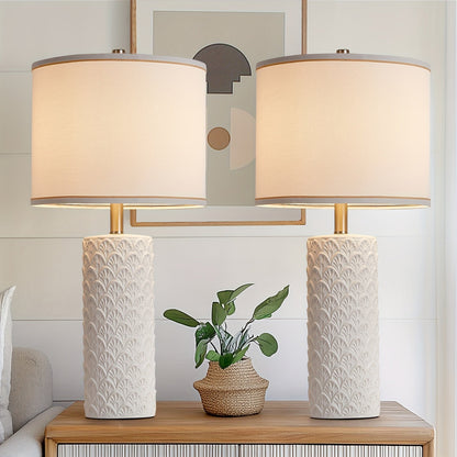 Ceramic Table Lamp – Modern Farmhouse Bedside Lamp with Drum Shade, 3 Color Temperature, Knob Switch, 9W LED Bulb Included, Rustic Nightstand Desk Light for Bedroom Living Room Office Dorm (Multiple Colors)