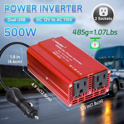 Black or Red 12V DC to 110V AC Power Inverter with 500W or 2500W Model Options, Display and USB Port