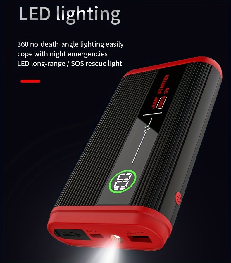 Lithium Jump Starter 3000A 8000mAh 12V Battery Pack USB-C Recharge Round LED Display for 6.0L Diesel 8.0L Gas Engines Compact Portable Emergency Booster