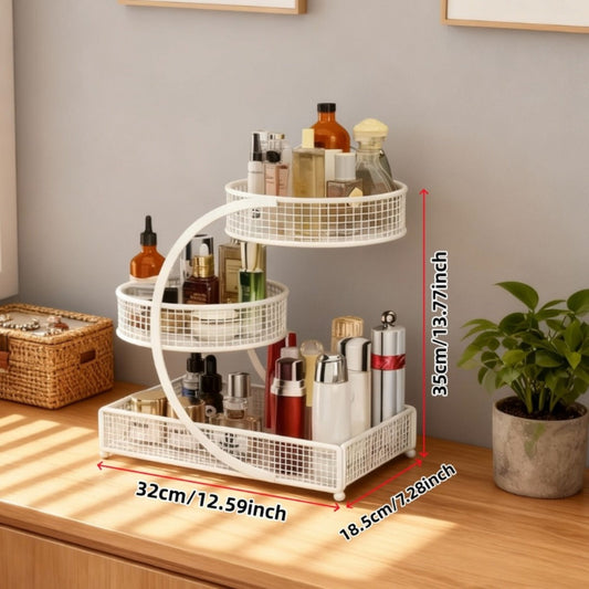 3-Tier Metal Makeup Organizer with Round Baskets Anti-Rust Vanity Storage Rack with Tissue Holder Space Saving Cosmetic Organizer Gift for Women