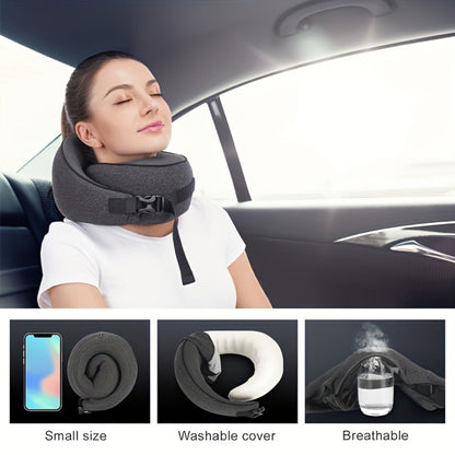 Black Memory Foam Travel Neck Pillow with Front Buckle, 23 × 15 × 28 cm Label, Removable Cover and Carry Bag