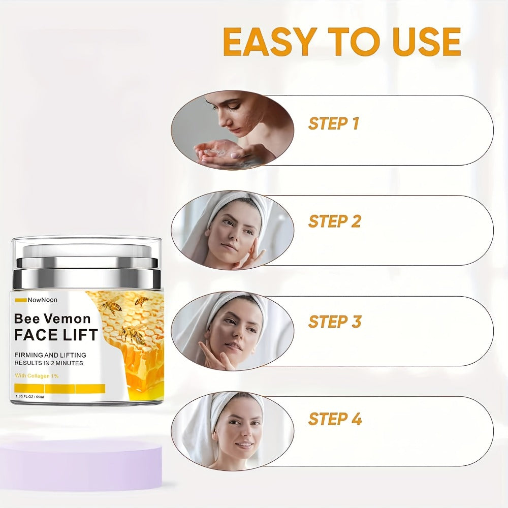 Face Cream Bee Venom 55ml Formula with 1% Collagen for Morning and Evening Face Care in a White and Yellow Jar