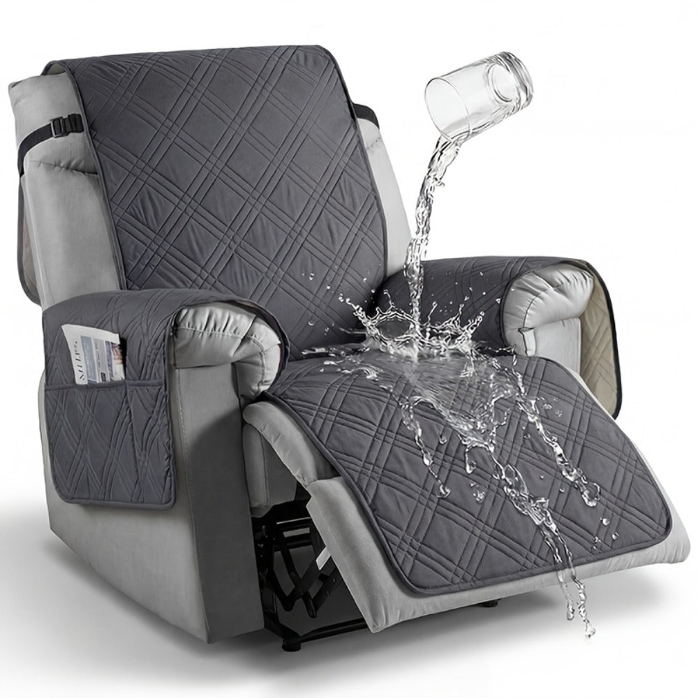 Quilted One-Piece Recliner Chair Cover with Side Pocket, Back Strap and Six Solid Color Options