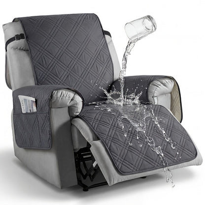 Quilted One-Piece Recliner Chair Cover with Side Pocket, Back Strap and Six Solid Color Options
