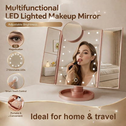 Vanity Mirror with Lights Tri-Fold 21 LED Lighted Makeup Mirror Touch Control 1X 2X 3X 10X Magnification 360 Rotation Dual Power Tabletop Trifold Mirror for Women Gift White Rose Gold