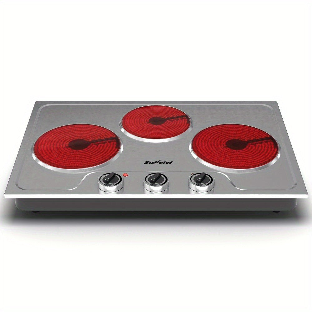 Portable Electric Cooktop Triple Burner 1800W – Royalcraft Countertop Electric Stove with Knob Control, Indicator Light, Compatible with All Cookware, Silver