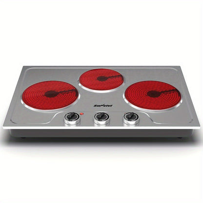 Portable Electric Cooktop Triple Burner 1800W – Royalcraft Countertop Electric Stove with Knob Control, Indicator Light, Compatible with All Cookware, Silver