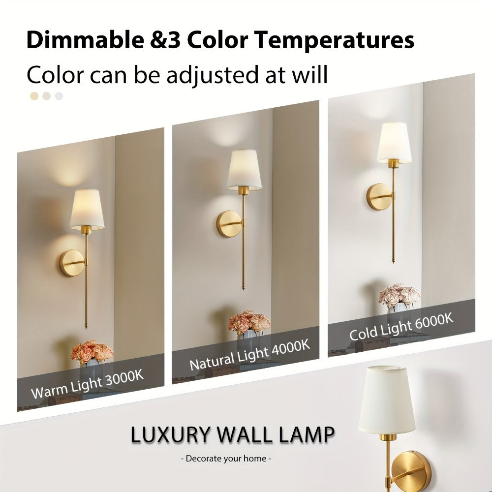 Rechargeable Two-Piece Wall Sconce Set with Fabric Shades, 15-Color RGB Bulbs and Remote in Gold or Black
