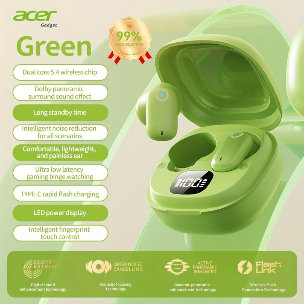 Acer OHR501 Dolby Surround Sound Wireless Earbuds Bluetooth 5.4 Semi-In-Ear TWS Intelligent Noise Cancellation Fingerprint Touch Control Ultra-Low Latency Type-C Fast Charging 8 Colors