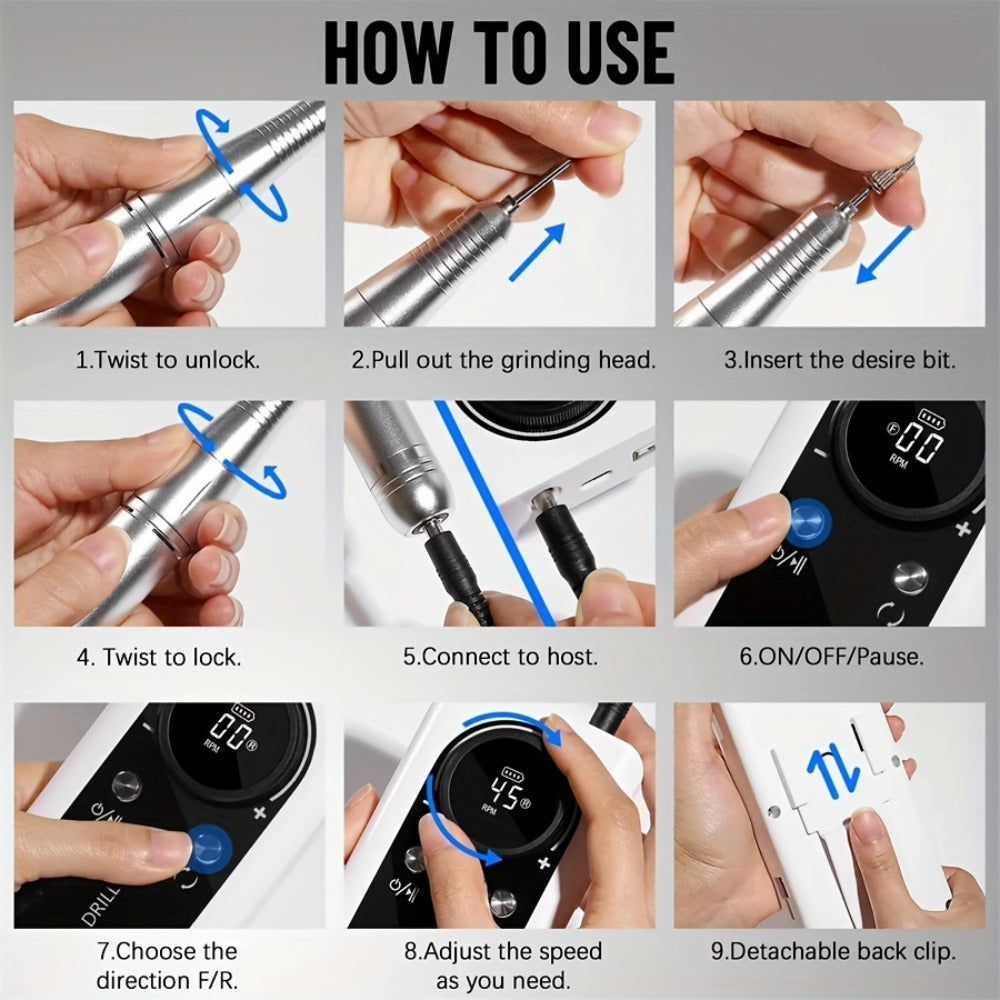 Nail Drill Machine 45000 RPM Brushless Motor 10-Hour Battery Electric Nail File with LCD Smart Screen 6 Drill Bits 6 Sanding Bands – Forward Reverse Low Noise Nail Grinder for Gel Acrylic Nails Home Salon