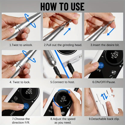 Nail Drill Machine 45000 RPM Brushless Motor 10-Hour Battery Electric Nail File with LCD Smart Screen 6 Drill Bits 6 Sanding Bands – Forward Reverse Low Noise Nail Grinder for Gel Acrylic Nails Home Salon