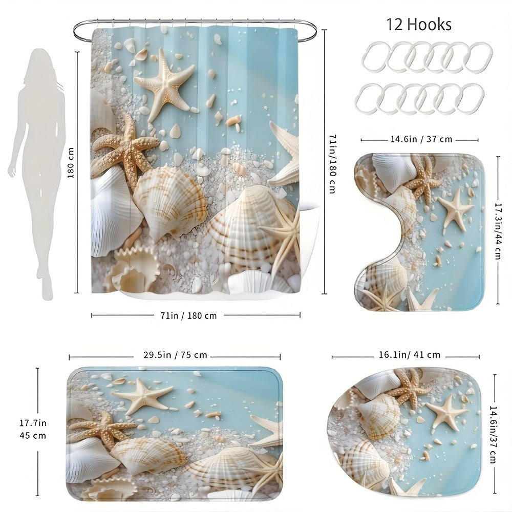 Sea Star and Shell Shower Curtain with One-Piece or Four-Piece Bathroom Set Checkout Options