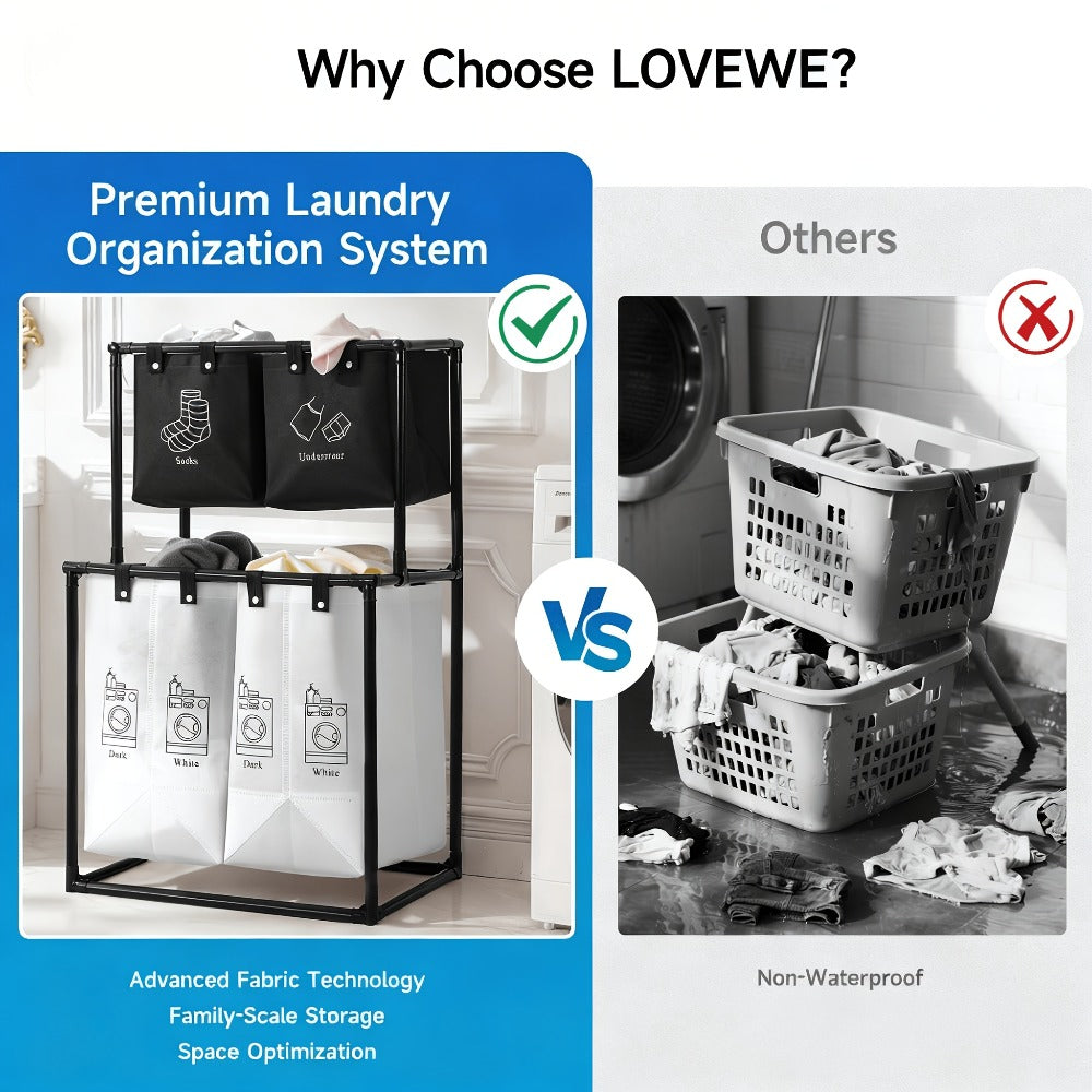 Two-Tier Laundry Sorter Hamper with Upper Compartments, Four Removable Lower Bags and Elevated Frame