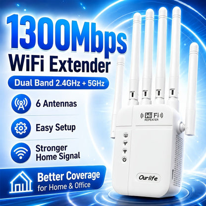 WiFi Range Extender Ourlife 1300Mbps Dual-Band 2.4/5GHz with Six Antennas and Five Color Configurations