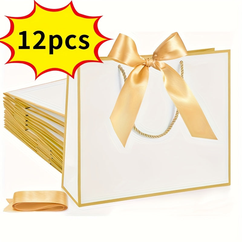 Gift Bag Set Pull-Handle Ribbon Design, 12, 24 or 36 Bags in Five Colorways with 11.8 x 10 x 4 Inch Format