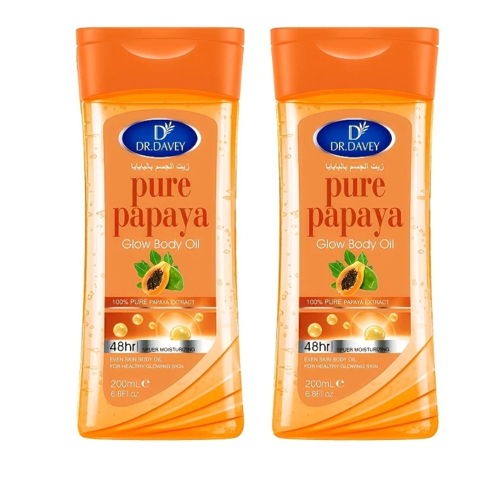 Papaya Glow Body Oil, Two-Piece Set of 200ml Flip-Top Bottles with Coordinated Orange Labels