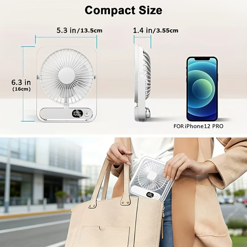 Folding Desk Fan with 3000mAh Battery, Five Settings, Numeric Display and White, Yellow or Green Finish