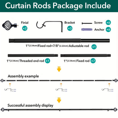 Black Adjustable Curtain Rod with Lattice Finials and Four Length Ranges from 18–32 to 34–152 Inches