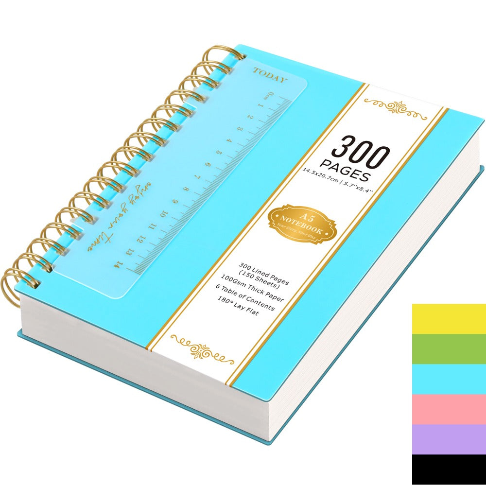 A5 Hardcover Spiral Notebook with 300 Lined Pages, 100 GSM Paper and Six Color Cover Options
