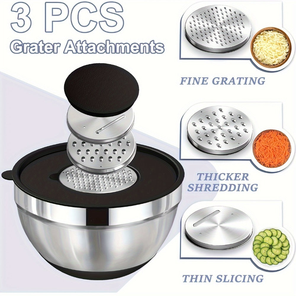8PCS/Set-Labeled Mixing Bowl Set with Black Lids, Nested Bowls and Three Removable Grater Inserts