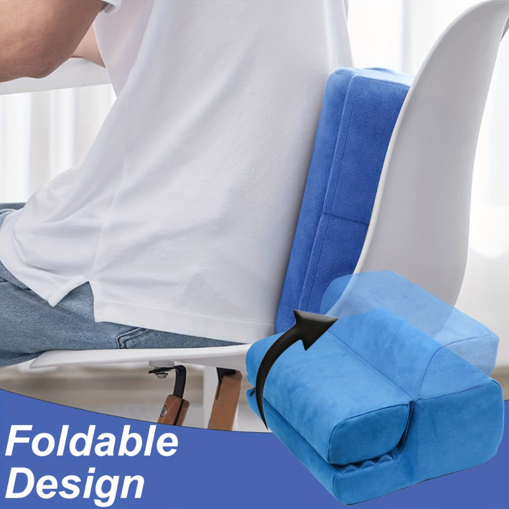 Soft Foldable Tablet Pillow Stand in Black or Blue with Three Viewing Faces, Storage Pockets and 242 × 186 × 290 mm Label