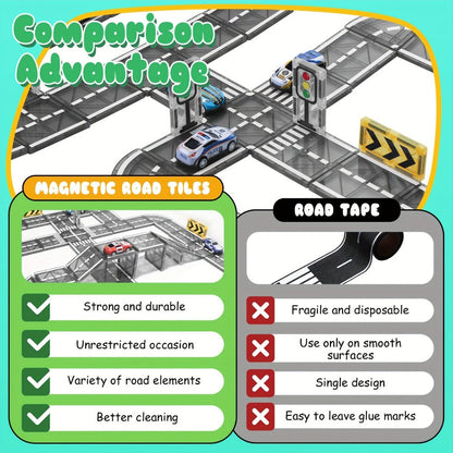 44-Piece Magnetic Road Tile Set with Pictured Cars, Signs, Signals and Black-and-White Track Sections