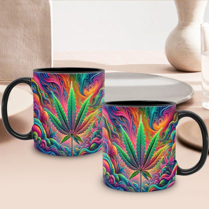 11oz Ceramic Coffee Mug with Psychedelic Leaf Print, Black Interior and Coordinating Black Handle