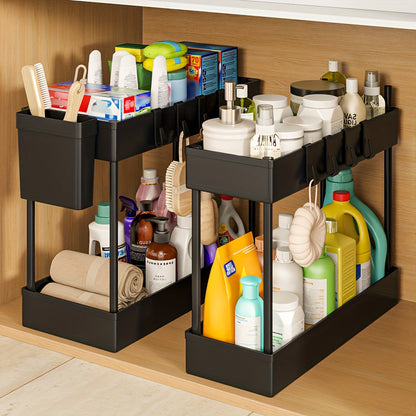 Under Sink Organizer 2pcs Double Tier Sliding Storage Basket with 8 Hooks – Kitchen Bathroom Cabinet Rack Shelf