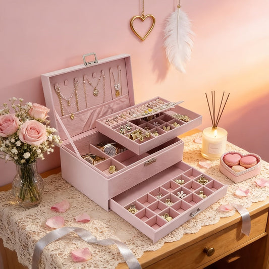 Jewelry Organizer Velvet-Lined Box with Key-Lock Closure and Drawers in Green, Pink or Black