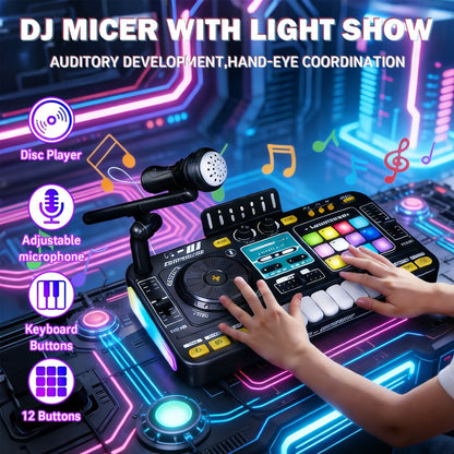 Kids DJ Mixer Toy Set with LED Lights, Microphone & Piano Keys, 100+ Sound Effects, Disco Mode, Rechargeable, Interactive Music Toy for Boys & Girls, Birthday Christmas Gift for Children Ages 3+, Black