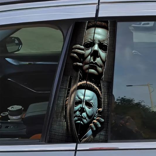Horror Masked Figure Car Stickers 2PCS - Matte Vinyl Waterproof Scratch-Resistant Decals, Easy Apply No Residue, Halloween Car Window Bumper Sticker Set