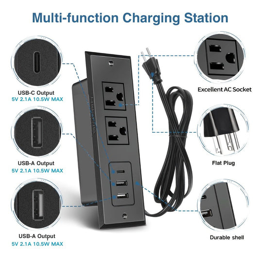 Power Strip Recessed Desk Outlet with Flush-Mount Design, USB-A, USB-C and 1.5-Meter Extension Cord