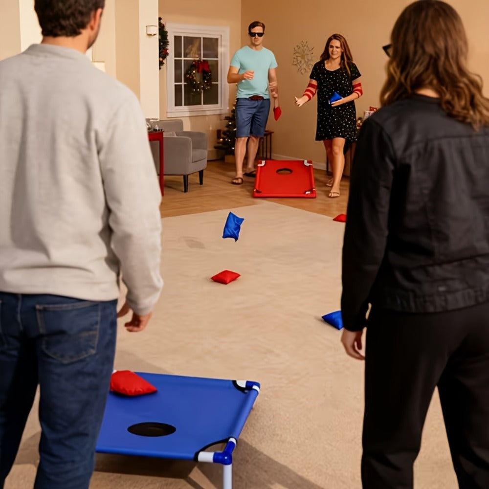 Portable Cornhole Game Set for Outdoor, 2 Boards with 12 Bean Bags & Storage Bag, Blue & Red