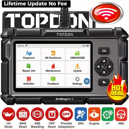 OBD2 Scanner with ABS SRS Engine Transmission Diagnostics 5 Reset Services Oil BMS DPF Throttle - TOPDON AD500S WiFi 5-Inch Touchscreen 90+ Car Brands
