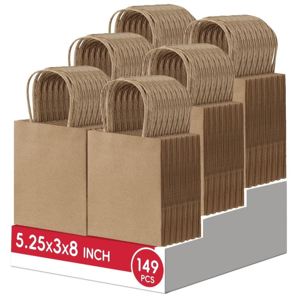 Small Black Kraft Paper Gift Bags 149-Piece Pack with Handles in 5.25 x 3 x 8 Inch Size for Retail