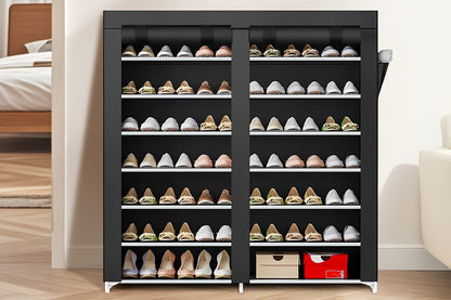 Shoe Rack 9-Tier Portable Double-Row Organizer for Up to 42 Pairs with Black Nonwoven Fabric Cover