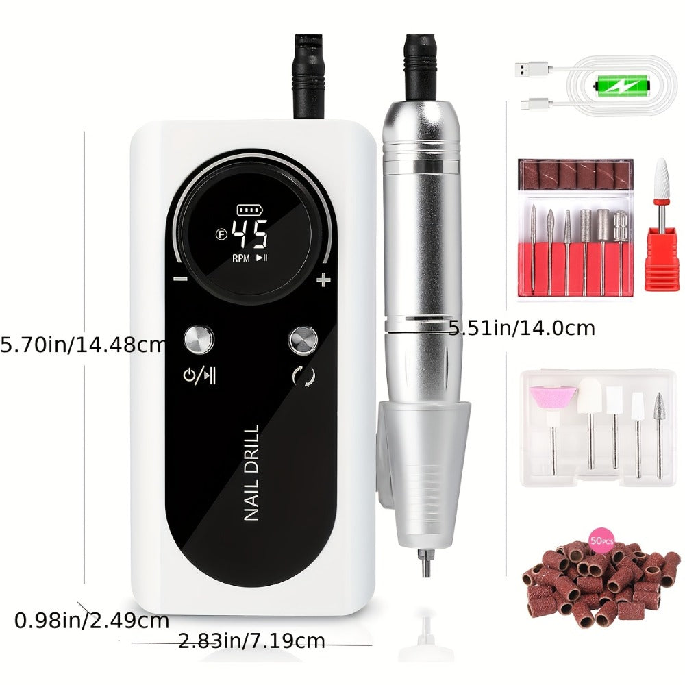Low Noise Nail Drill Machine 45000RPM Rechargeable with LCD Display — Quiet Electric E-File for Gel Polish Acrylic Natural Nails, Professional Cordless Nail Sander for Home & Salon Manicure, White Purple Pink