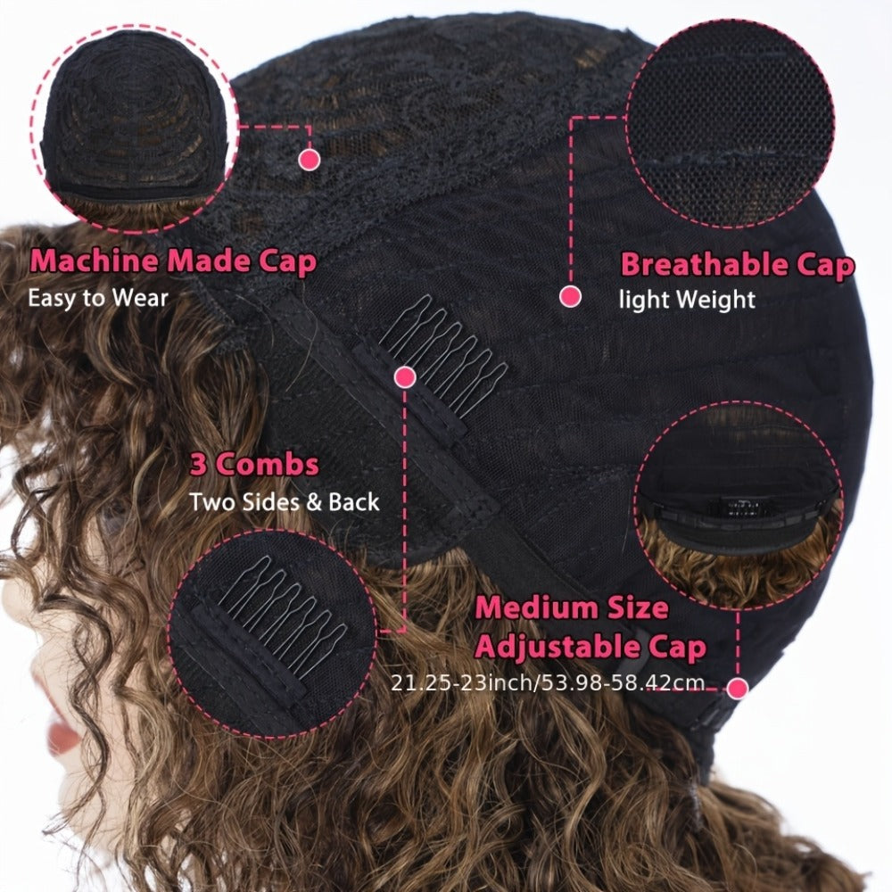 Jerry Curl Human Hair Wig with Bangs, 12-Inch Length and P4/30/27 or P1B/30 Highlight Options