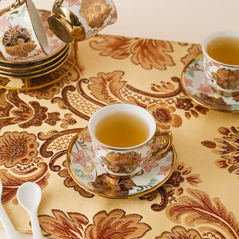 Twenty-Piece Floral Ceramic Tea Set with 15-Ounce Teapot, Six Cups, Saucers, Spoons and Metal Rack