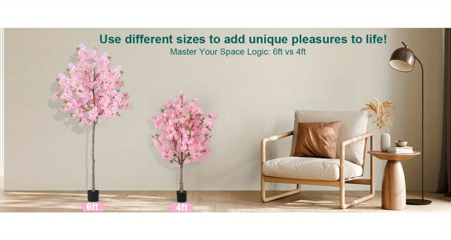 Pink Cherry Blossom Artificial Tree with 6 ft One-Pack Checkout, Black Pot and Branching Flower Display