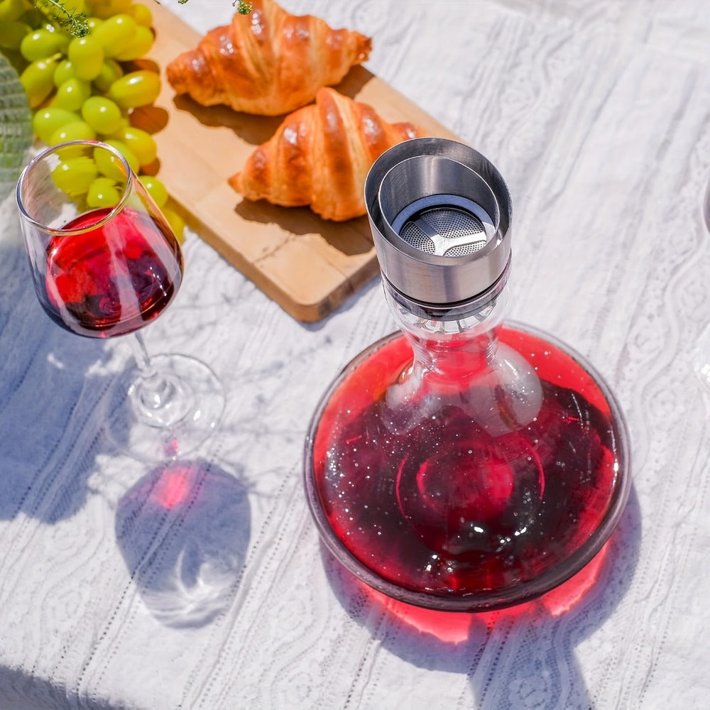 One-Thousand-Milliliter Clear Glass-Style Wine Decanter with Stainless-Steel-Style Aerator
