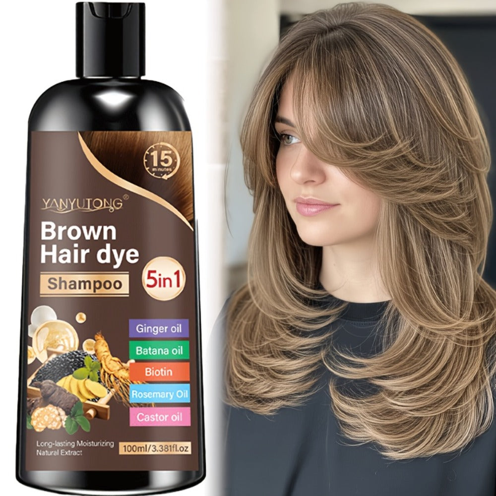 Gray Coverage Hair Dye Shampoo 5-in-1 with Ginger Oil Biotin Rosemary Castor Oil | Gentle Color Shampoo for Black Brown Chestnut Brown | No Mix Quick Application Men & Women