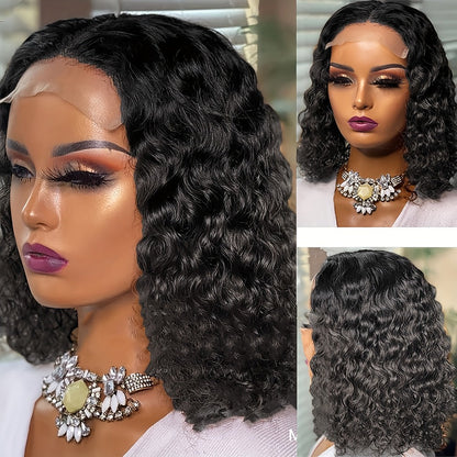 Short Water-Wave Synthetic Lace-Front Bob Wig with Deep Curls, Black Color and 14-Inch Length