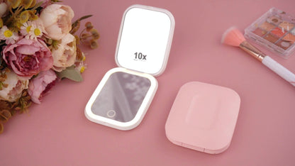 USB-Rechargeable LED Compact Mirror with 1X and 10X Sides, Three Light Colors and Pink or White Cases