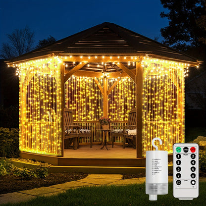 String Lights, 330-LED Waterfall Curtain Panel with Battery Power, Remote, Eight Modes and Three Colors