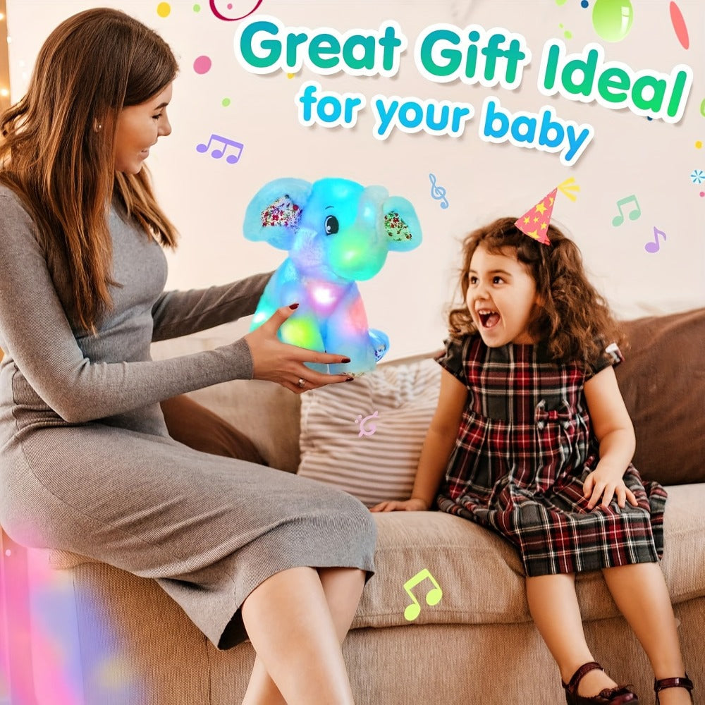 Plush Toy – Blue Elephant with LED Glow and Optional Lullaby Music for Soft Room Display and Gifting