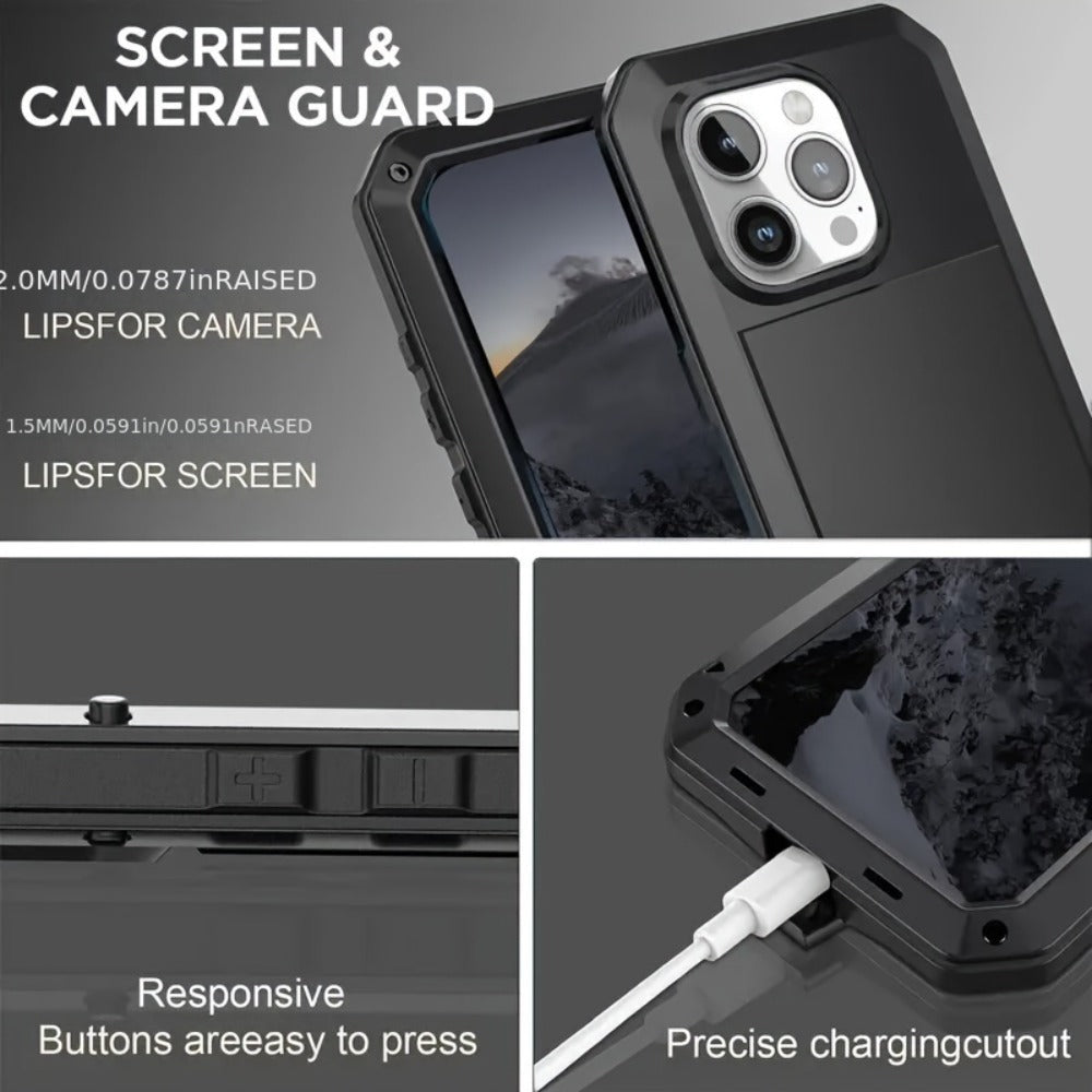 Metal-Frame Full-Body iPhone Case with Built-In Glass Screen Cover for Selected iPhone 11 through 16 Models