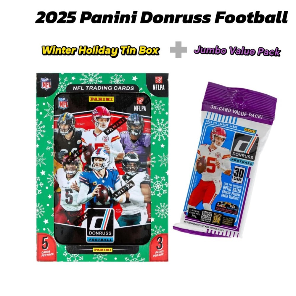 Donruss Football Trading Card Holiday Tin and Jumbo Value Pack Bundle, 2025 with Three Press Proof Purple Cards